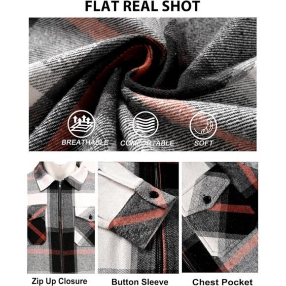 Men Flannel Jackets Full Zip Up Plaid Shirt Shackets Cotton Lightweight Jackets - Picture 4 of 6